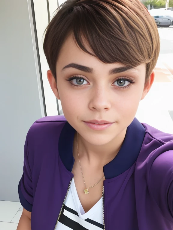 Photo of a 15-year-old European girl, RAW, beautiful woman, pecas en mejillas y nariz ,hermosos  ojos azules(Light brown hair pixie haircut),corte de cabello pixie ((retrato)), ((Cara detallada:1.2)), ((Detailed facial features)), (Piel finamente detallada...