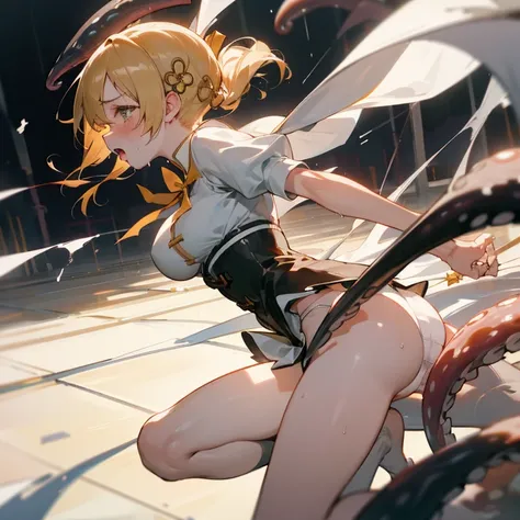 1 girl, from side, scenery, solo, perfect anatomy, tottering, beaten, mami tomoe, masterpiece, best quality, highres, big breast, empty eyes, rolling eyes, :o, unconscious, torn clothes, (white panties:1.2), sobbing, saliva, look another, tentacles hitting...