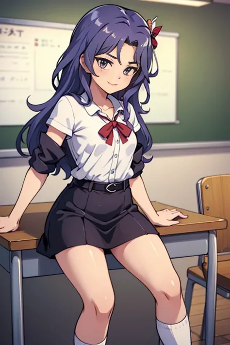 ((masterpiece)), ((best quality)), ((highres)), ((extremely detailed CG unity 8k wallpaper)), solo, tachibana kanade, black skirt, white socks, small smile, classroom