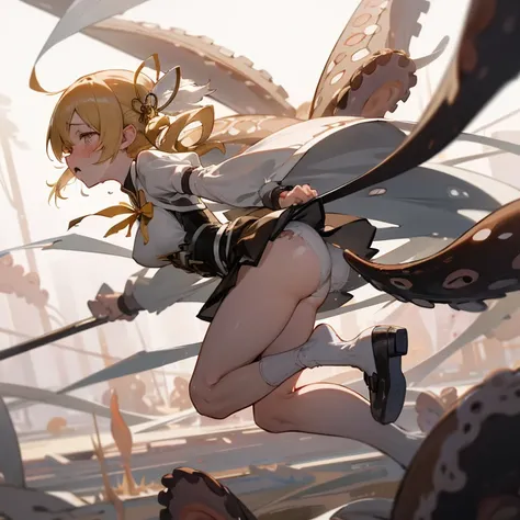 1 girl, from side, scenery, solo, perfect anatomy, tottering, beaten, mami tomoe, masterpiece, best quality, highres, big breast, empty eyes, rolling eyes, :o, unconscious, torn clothes, (white panties:1.2), sobbing, saliva, look another, penis, tentacles ...