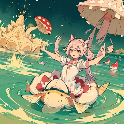 girl、amazing dynamism、amazing angle、sandstorm of unstable water flow、(((A lot of friendly pastel amanitas float and chase)))、(((surround each other&#39;carp too long)))