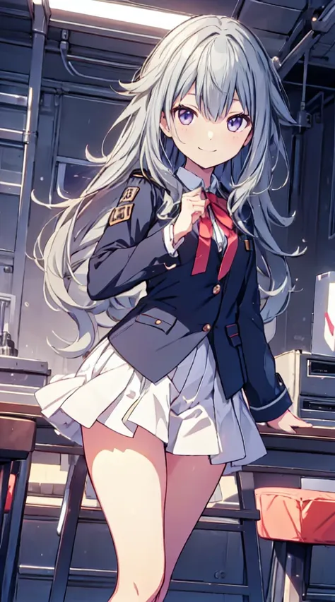 best quality, ultra detailed, absurdres, hdr,1loli、♡、thighs、strike a pose with a cheerful smile、uniform