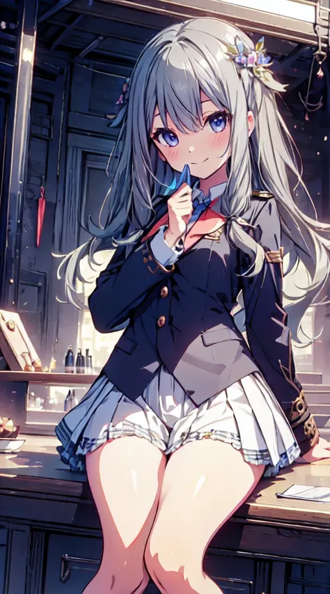 best quality, ultra detailed, absurdres, hdr,1loli、♡、thighs、strike a pose with a cheerful smile、uniform