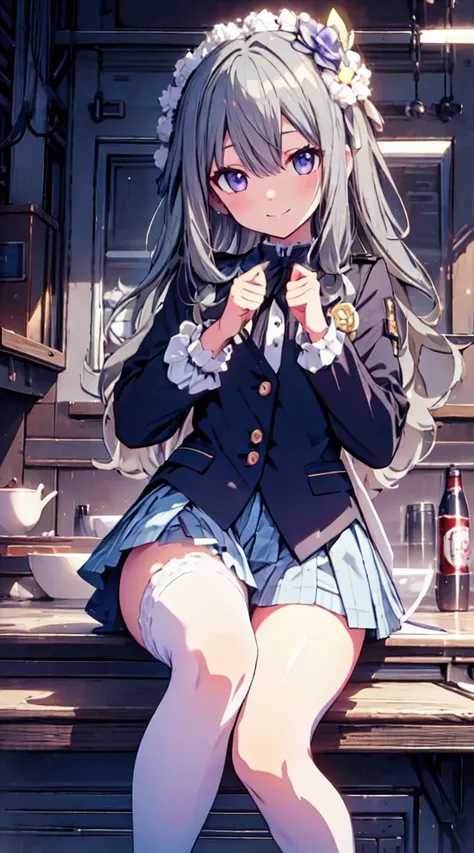 best quality, ultra detailed, absurdres, HDR,1loli、♡、Thighs、Strike a pose with a cheerful smile、uniform