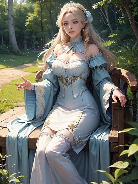 (((Super realistic masterpiece))), high quality, Super detailed, long white curly hair、blue eyes、Full-length portrait of a woman in a stunning Victorian dress、30K, horse riding, embroidery costume, in the forest, facial details