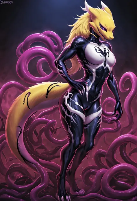 renamon，full body painting，whole body concept，Full body tight suit，vagina，tentacle fusion，biological core，NSFW，tentacle tail，fluffy tail，Insert dick tentacle into pussy，symbiote，Venom Girl，Whiteleopard，living venom suit，carnage，dragon body，dragon wing，evil...