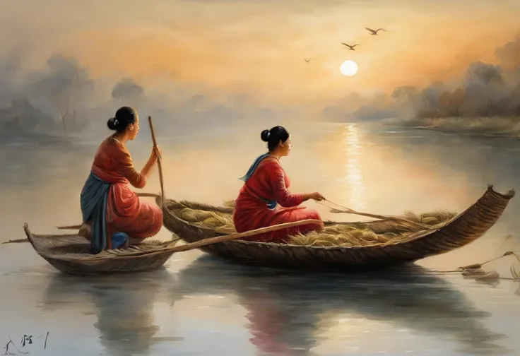 at night，night，moon，lotuses，main part, better quality, best quality, official art, Chinese women，Beautiful and beautiful: 1.2), Illustration of 2 rural women weaving reeds,Upper body, main part, best quality, high quality, high resolution, 16K, .raw, Ultra...