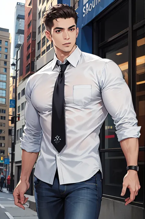 (absurdres, highres, ultra detailed, realistic, ), 2 men, mature, tall muscular, broad shoulders, handsome, very short hair,, angular jaw, thick neck, thick eyebrows, sleek modern apartment background, formal suit, necktie on one and the other casual in je...