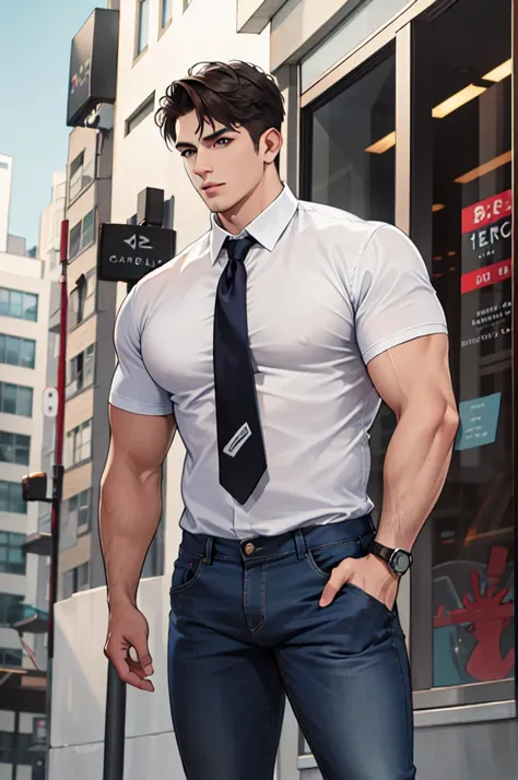 (absurdres, highres, ultra detailed, realistic, ), 2 men, mature, tall muscular, broad shoulders, handsome, very short hair,, angular jaw, thick neck, thick eyebrows, sleek modern apartment background, formal suit, necktie on one and the other casual in je...