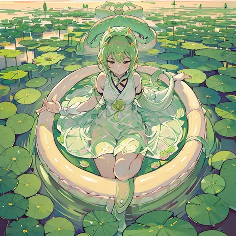 water lily girl、amazing dynamism、amazing angle、Overwhelming blistering sandstorm、(((Many friendly pastel lotuses float and chase)))、(((surround each other&#39;too long colorless transparent snake)))