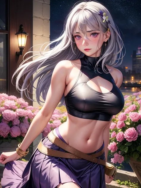 realistic, 1 woman, gray hair, purple eyes, shining eyes, crop top, skirt, chapped lips, blush, night, flowers, sun, sunlight,