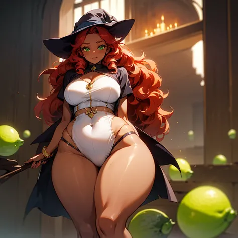 (((Dark Skin Woman))),(((Wearing witch clothes and accessories))),(((Red wavy hair))),(((Lime green eyes))),(((Curvy body))),(((Alone)))