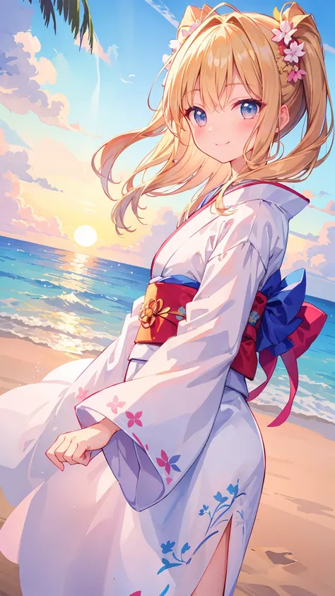 ((masterpiece)), beautiful illustration, best quality, belldandy, 1 cute girl, Sea, sandy beach, first sunrise, blue sky, smile, kimono, 