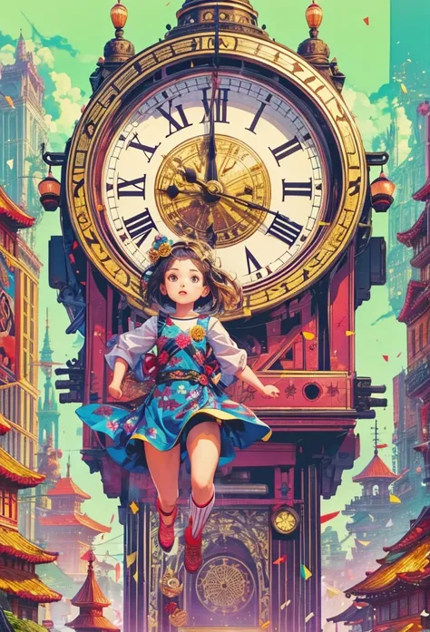 New Year 2024，New Year，Clock hands midnight，flat illustration，flat illustration，(A girl stands on top of a super big clock and runs forward，Look at the audience:1.5)，(anatomically correct, Exquisite face makeup , pretty face, Perfect face proportions，golde...