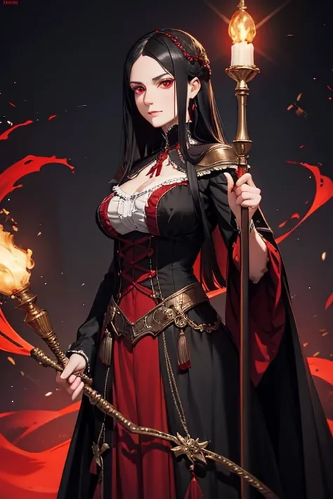 black haired mature woman, red eyes, adult, modest, victorian period, long staff, crimson magic around her