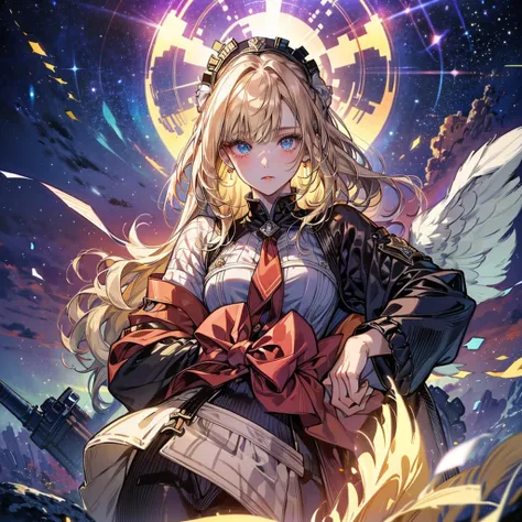 (Official art、Best Quality、Unity 8k Wallpapers、32K、masterpiece、ultra-detailliert、超A high resolution、The best illustrations、Very ridiculous:1.2)、(Cinematic lighting:1.2), 1girl, solo, Autum background, masterpiece, highly detailed, blue eyes, blonde hair, l...