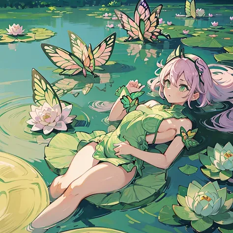 water lily girl、amazing dynamism、amazing angle、Overwhelming blistering sandstorm、(((Many friendly pastel lotuses float and chase)))、(((surround each other&#39;very long pastel butterfly)))