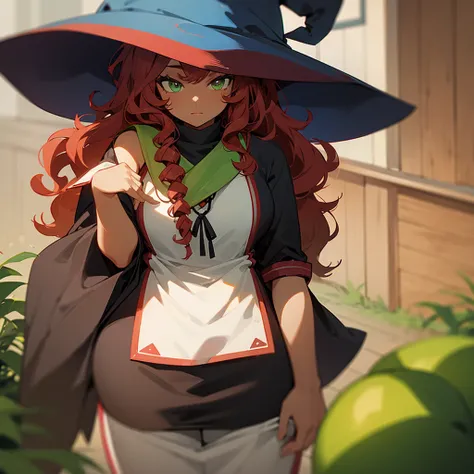 (((Dark Skin Woman))),(((Wearing a cottage style dress))),(((wearing a witchs hat))),(((Red wavy hair))),(((Lime green eyes))),(((Curvy body))),(((Alone)))