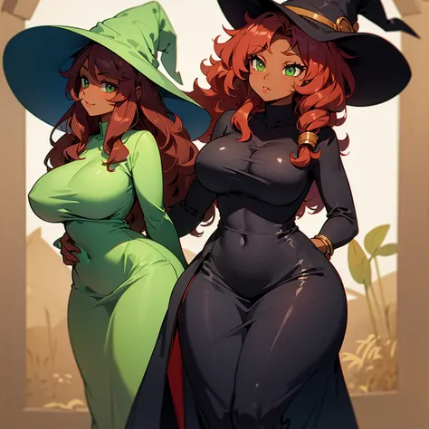 (((Dark Skin Woman))),(((Wearing a cottage style dress))),(((wearing a witchs hat))),(((Red wavy hair))),(((Lime green eyes))),(((Curvy body))),(((Alone)))