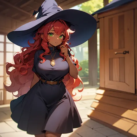 (((Dark Skin Woman))),(((Wearing a cottage style dress))),(((wearing a witchs hat))),(((Red wavy hair))),(((Lime green eyes))),(((Curvy body))),(((Alone)))