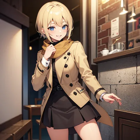 Masterpiece, solo, 1girl, smiling, scarf, coat, short skirt, short blonde hair, Italian restaurant