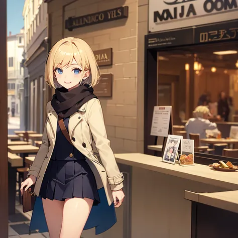 Masterpiece, solo, 1girl, smiling, scarf, coat, short skirt, short blonde hair, Italian restaurant