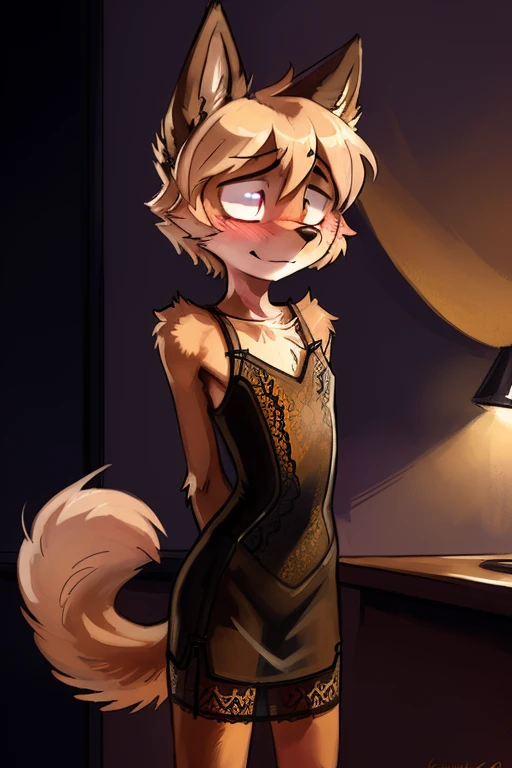 solo, wolf, male, slender, ((twink)), detailed, uploaded to e621, beautiful and detailed portrait of an anthropomorphic boy, short hair, swaybat, (((male))), kenket, uploaded to e621, (see-through lace bodycon dress), night club, blushing, nervous expressi...