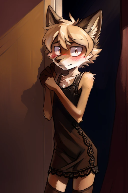 solo, wolf, male, slender, ((twink)), detailed, uploaded to e621, beautiful and detailed portrait of an anthropomorphic boy, short hair, swaybat, (((male))), kenket, uploaded to e621, (see-through lace bodycon dress), night club, blushing, nervous expressi...