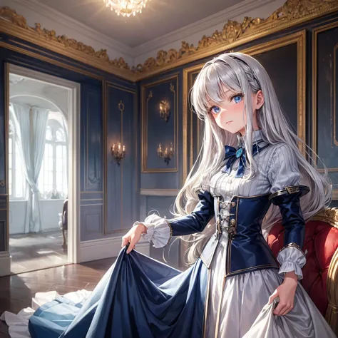 German ,upper class cute young lady ,14 years old,thin,Bright, kind and polite Silver intake,long shaggy cut hair,blue eyes,　　　　　　　　　　　　　　　　　　　　　The background is a private room in a mansion,classy clothes,1939