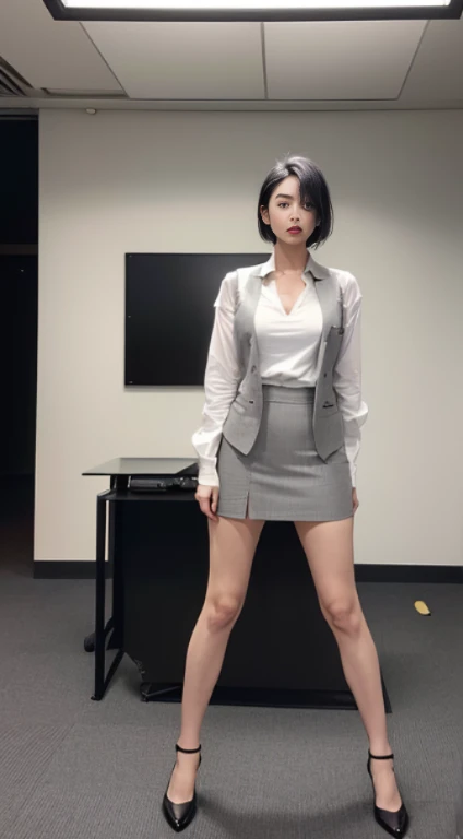 muste piece, one beautiful woman, ,(Japanese Tassie Library Background), (((white shirt))),((()))(((Gray office suit tight skirt and office vest))), (),, (medium breasts), , ,(((short hair))(, , (skin texture:1.1), highest quality, Super high resolution, (...