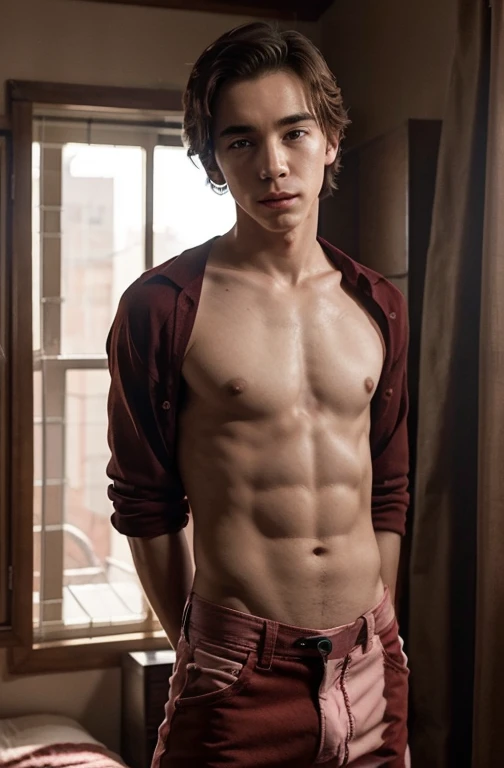 1 chico joven guapo, foto retrato de Liam Aiken, sin camisa, en una habitacion con corazones rosas