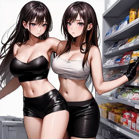 A beautiful adult woman with shoulder-length big breasts, beautiful legs, and a sharp face is standing in a supermarket glaring at a middle-aged man in a suit wearing a black tube top that exposes her navel and black hot pants that look like panties.。