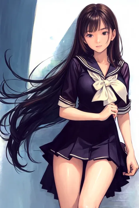 A beautiful woman with long, shoulder-length hair, big breasts, and beautiful legs is standing in a sailor suit with a purple miniskirt.。