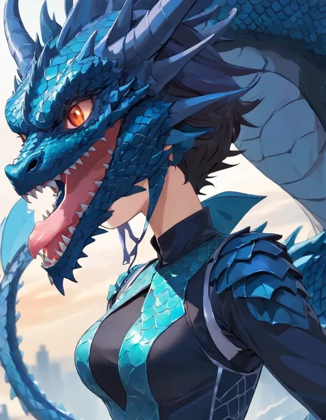 Woman wears The cursed black dragon mask and rubber dragon costume. shiny scales. the dragon mask eyes are human beings. The dragon mask eyes are open for woman’s eye.stare at me. long tail.cosplay. metamorphosis. The dragon crouches. Full body figure. The...