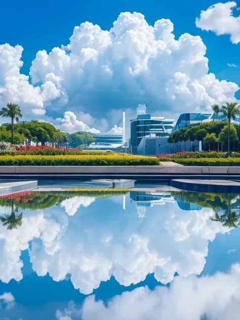 high quality、high resolution photos、technology, Nature and people々々The spirits of are in perfect harmony、A futuristic city that looks like a bright science fiction movie、blue sky、White cloud