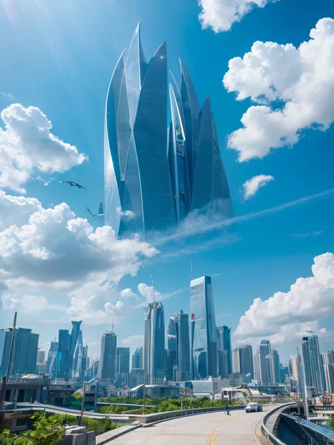 high quality、high resolution photos、technology, Nature and people々々The spirits of are in perfect harmony、A futuristic city that looks like a bright science fiction movie、blue sky、White cloud