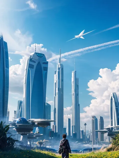 high quality、high resolution photos、technology, Nature and people々々The spirits of are in perfect harmony、A futuristic city that looks like a bright science fiction movie、blue sky、White cloud