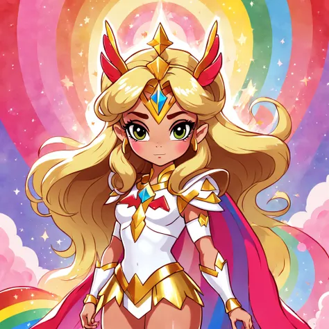 She-Ra in rainbows and gold, in kawaii art style