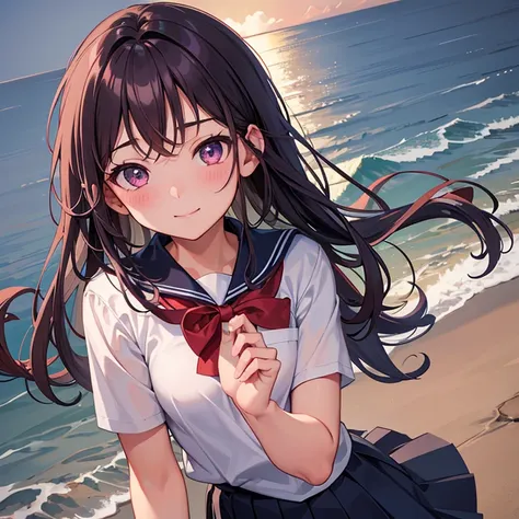 anime、along the coast、sea breeze、wearing a pleated skirt, brown longhair、navy blazer school uniform with red ribbon、reddish-purp...