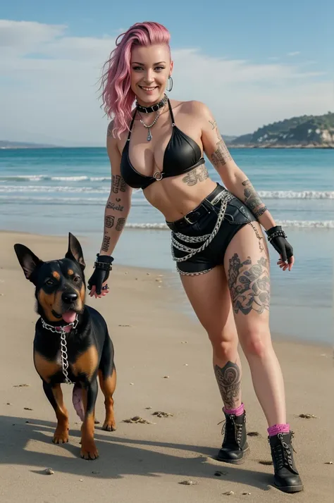 ((full body shot)), ((best quality)), ((masterpiece)), ((realistic)), (((1girl))) young woman, punk, mohawk, pink hair, blue eyes, dog_tattoos, smile, fingerless gloves, dog chain choker, piercings, dog chain jewelry, walking with a big Rottweiler on a des...