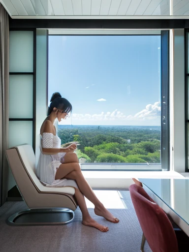 high quality、high resolution photos、technology, nature and people々the hearts of are in perfect harmony、A futuristic city that looks like a bright science fiction movie、blue sky、White cloud、The interior of the white private room is a cozy space that feels l...