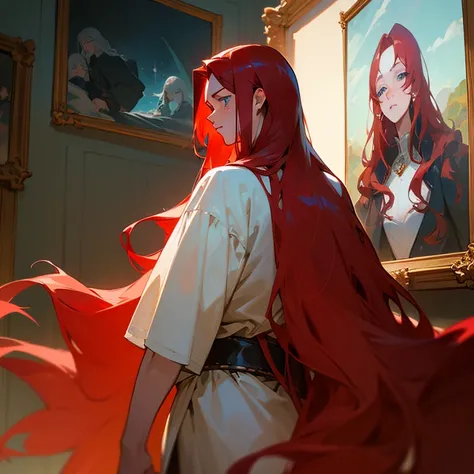 Red-haired man with his back turned, sporting long, straight red hair flowing down to his lower back, gazing at a painting of a queen with long, wavy black hair, freckles on her cheeks, and very light blue eyes, portraying an infantile face.