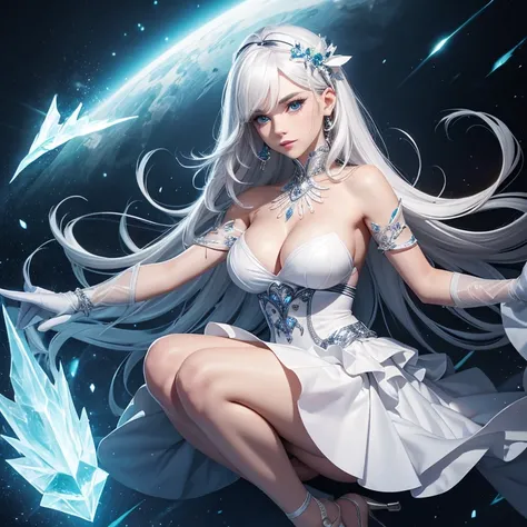 There is a adult woman using ice magic , at night, wearing a white dress,high heels, Dark tights, white hair,, lips,thin lips, soft face, green eyes,Eyeshadows,eyeliner,knee length hair,curved hair, thin waist,Big chest, high quality, highly detailed skin,...