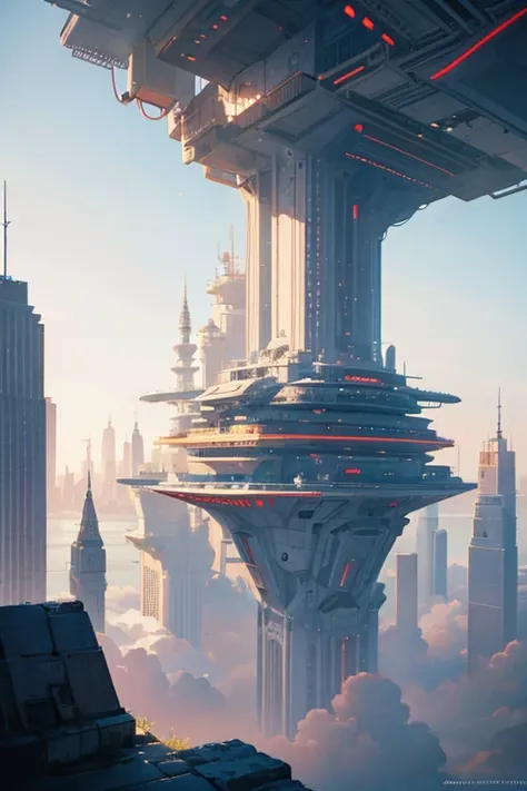 Create futuristic hyperealist works of art, Imagine a floating city in the sky, with complex architectural structures and advanced technology. Paint this futuristic city with a wealth of detail, capturing the bright lights, suspended platforms and flying v...