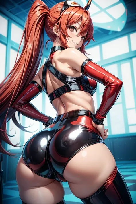 ((((ass)))) bend Yoko Littner in a sexy and tight latex shorts, Skinny, thin thick, small waist, 8 thousand., UHD, (emphasized and raised butt), Smiling, 