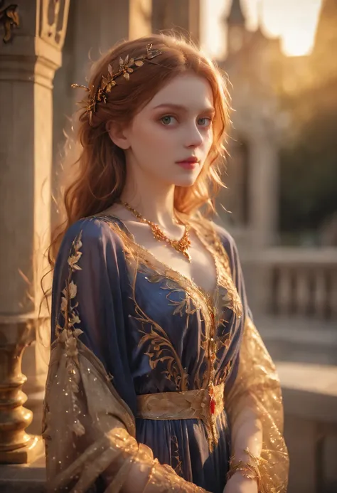 very young Vampire Princess,16 years old, breathtakingly beautiful, deep blue eyes, redhair,(best quality,4k,8k,highres,masterpiece:1.2),ultra-detailed,(realistic,photorealistic,photo-realistic:1.37, raw quality),softly glowing pale skin,pure blooded,porce...