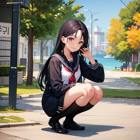 long black hair、sailor suit、smile、good style、beautiful、black socks、squat、