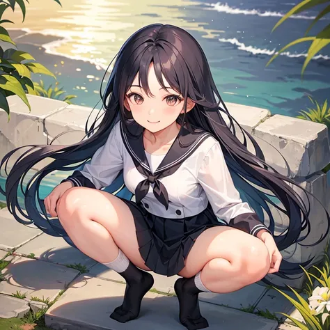 long black hair、sailor suit、smile、good style、beautiful、black socks、squat、