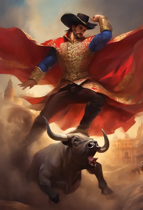 ((A Baroque painting of a beautiful bullfighter, with a masculine face and wild eyes, a hypnotic and sensual man, a true God, the most beautiful man in Spain)),((with typical bullfighter clothes with Spanish from the Victorian Era)), ((attractive man)), ((...