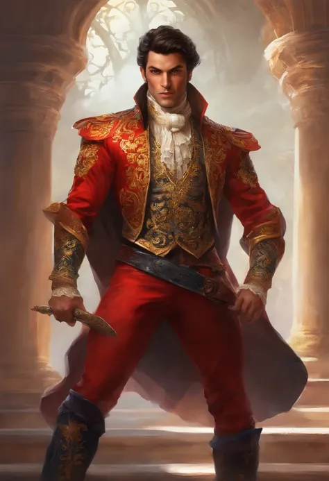 ((A Baroque painting of a beautiful bullfighter, with a masculine face and wild eyes, a hypnotic and sensual man, a true God, the most beautiful man in Spain)),((with typical bullfighter clothes with Spanish from the Victorian Era)), ((attractive man)), ((...